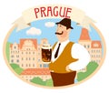 Tourist sticker Prague. Solid mustache man in a hat with a mug of Czech beer on the background of old European houses