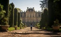 A tourist strolling in the garden of Versailles France