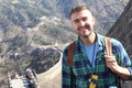 Tourist in the stunning Great Wall of China Royalty Free Stock Photo