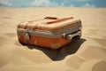 A tourist suitcase lying on the waist and covered with sand.