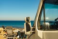 Tourist table and chair on seaside, camping