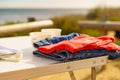 Tourist table on seashore, camping