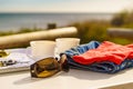 Tourist table on seashore, camping