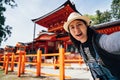 Tourist take self portrait kasuga taisha Royalty Free Stock Photo