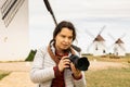 Tourist taking photo, Mota del Cuervo, Spain Royalty Free Stock Photo