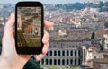 Tourist taking photo of Theatre Marcellus, Rome Royalty Free Stock Photo