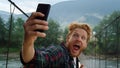 Tourist taking selfie smartphone camera closeup. Guy making funny face on nature Royalty Free Stock Photo