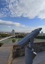 Tourist telescope, view of the Danube and the city, from the walls of Bratislava Castle, Slovakia