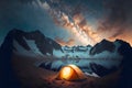 tourist tent against backdrop of mountains of starry sky and Milky Way Royalty Free Stock Photo