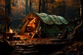 Tourist tent in the autumn forest next to a campfire for cooking