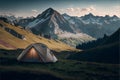 Tourist tent on the background of mountains. Camping in the mountains.
