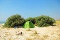 Tourist tent in the beautiful inspiring sea beach. Camping Tent on the cozy sand beach.
