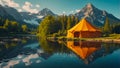 Tourist tent, beautiful nature, sunny day landscape recreation