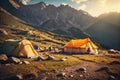 Tourist tent in camp among meadow in the mountain Royalty Free Stock Photo