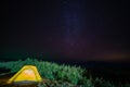 Tourist tent in camp among meadow with Panorama view universe space shot of milky way galaxy with stars on night sky background at Royalty Free Stock Photo