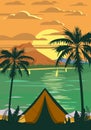 Tourist tent camping on the tropical beach, palms. Summer vacation coastline beach sea, ocean, travel, sunset, retro