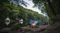 Tourist tent with a fire near the river in the summer green forest, outdoor activities. AI generated. Royalty Free Stock Photo