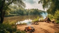 Tourist tent with a fire near the river in the summer green forest, outdoor activities. AI generated. Royalty Free Stock Photo