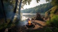 Tourist tent with a fire near the river in the summer green forest, outdoor activities. AI generated. Royalty Free Stock Photo
