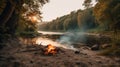 Tourist tent with a fire near the river in the summer green forest, outdoor activities. AI generated. Royalty Free Stock Photo