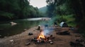 Tourist tent with a fire near the river in the summer green forest, outdoor activities. AI generated. Royalty Free Stock Photo