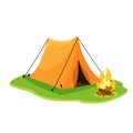 Tourist tent and fire. Triangular shelter Royalty Free Stock Photo