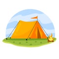 Tourist tent and fire. Triangular shelter in camp Royalty Free Stock Photo