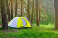 Tourist tent in the forest. Tourist camp. Summer tourism. Tourist camp Royalty Free Stock Photo