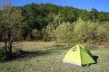 Tourist tent in the green forest Royalty Free Stock Photo