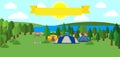 Tourist tent and green meadow, on a cloudy sky. Summer camping. Natural landscape. Outdoor activities. Vector illustration.