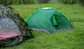 tourist tent, outdoor recreation near the river. Nature, recreation, camping