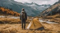 Tourist tent in a picturesque place during hiking. Beautiful nature for picnic and camping in nature Royalty Free Stock Photo