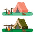 Tourist tent and pot with food on the fire, as well as firewood with an ax in nature.  illustration Royalty Free Stock Photo