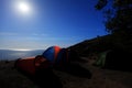 Tourist tent at the seaside. Moon Night. Mountain Meganom, Crime