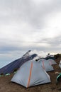 Tourist tents camping after hike from the summit of Acatenango volcano in Guatemala