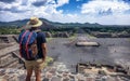 Tourist at top of the Moon Pyramid. Teotihuacan, Mexico. Royalty Free Stock Photo