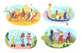 Tourist tour vector illustration set, cartoon flat active people riding camels, touring in Venetian gondola, enjoying