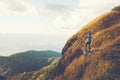 Tourist trail hiking in the forest Traveler Man Relax and crossing the mountain Traveler concept Royalty Free Stock Photo