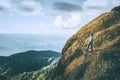 Tourist trail hiking in the forest Traveler Man Relax and crossing the mountain Traveler concept Royalty Free Stock Photo