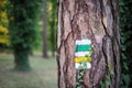 Tourist trail with yellow sign and green sign on the tree