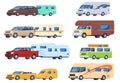 Tourist trailers for travel and recreation. Towed camping trailers with cars. House on wheels. Vector illustration Royalty Free Stock Photo