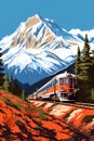 tourist train in mountains travel poster painting illustration