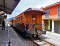 Tourist train to Devil`s Nose in Alausi at station, Ecuador