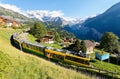 A tourist train travels on the railway thru Wengen village on a green grassy hillside with Jungfrau Mountain & Lauterbrunnen Valle Royalty Free Stock Photo