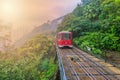 Tourist tram at the Peak, Victoria Peak Tram and Hong Kong city Royalty Free Stock Photo