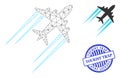 Tourist Trap Textured Stamp and Web Mesh Flying Airplane Trace Vector Icon