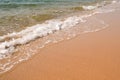 Tourist travel banner design template, copy space. White foam of a sea wave, golden sand beach, turquoise ocean water. Royalty Free Stock Photo