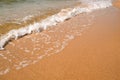 Tourist travel banner design template, copy space. White foam of a sea wave, golden sand beach, turquoise ocean water. Royalty Free Stock Photo