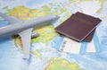 Boarding pass, passport, plane on the map. Royalty Free Stock Photo