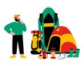 Tourist, travel preparation. Equipment for a hike. A puzzled man. Vector flat cartoon illustration